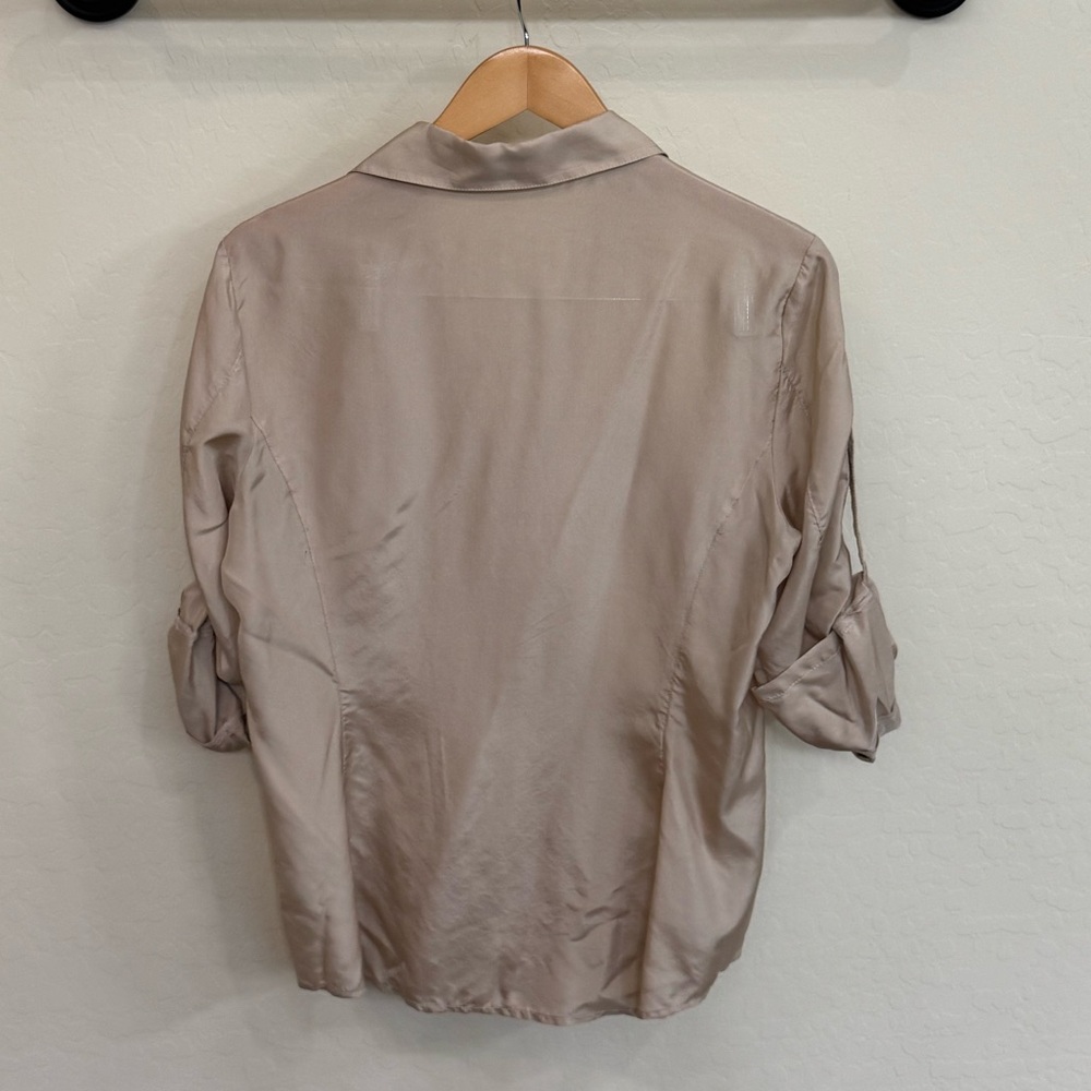 Express Beige 100% Silk Button-Front Collared Uti… - image 3